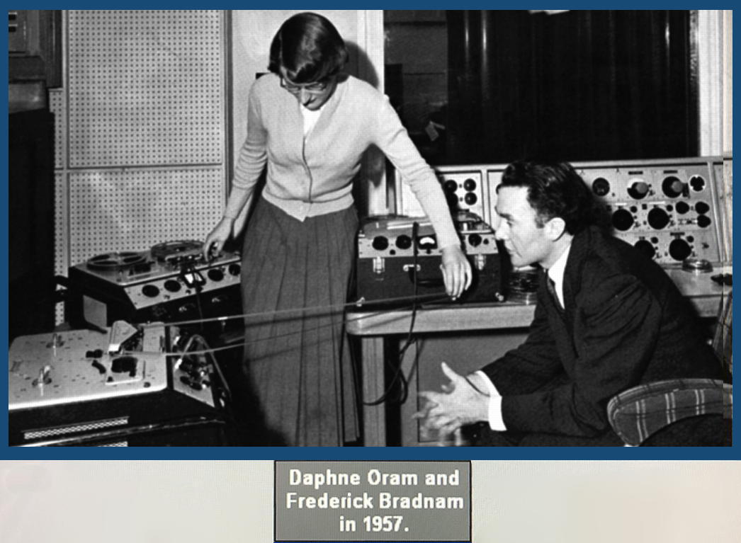 Daphne Oram and Frederick Bradnam, with Ferrograph tape recorders, in 1957.
